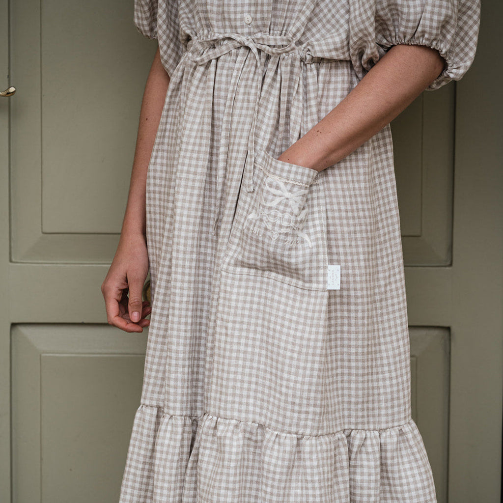 chestnut brown corduroy Mabel dress with front bow tie